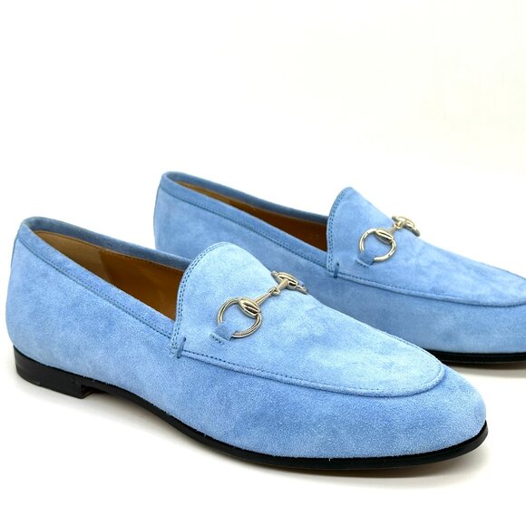 Gucci Jordaan Horsebit Bit Suede Slip On Loafers Flat Shoes Glacial Blue - Picture 8 of 15